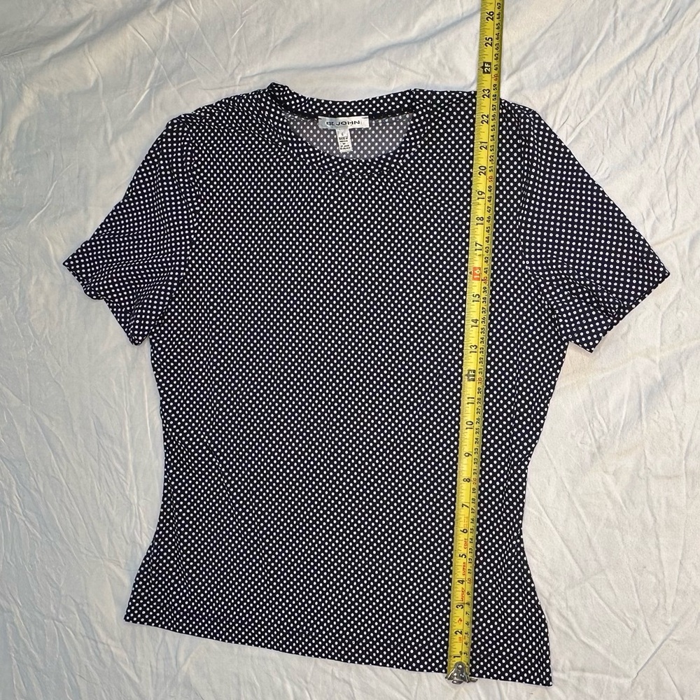 St. John Navy White Polka Dot Stretch Tee Top Size L Fitted Designer Quiet Lux - Picture 10 of 12